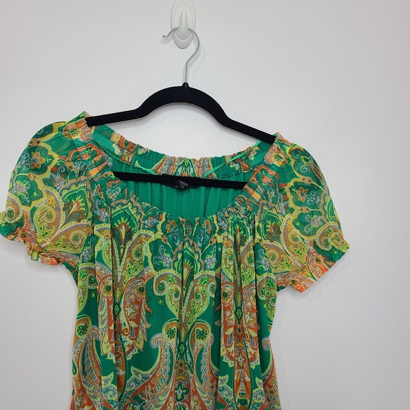 INC Top Blouse Short Sleeve Scoop Neck Smocked Green Ruffled Size Medium … - Picture 2 of 14